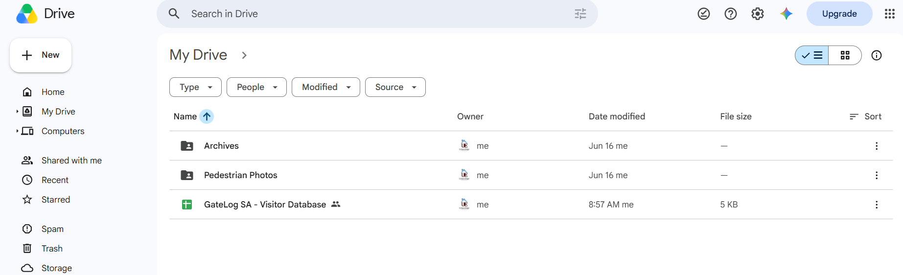 Google Drive showing the GateLog SA Visitor Database, Archives folder and Pedestrian Photos folder